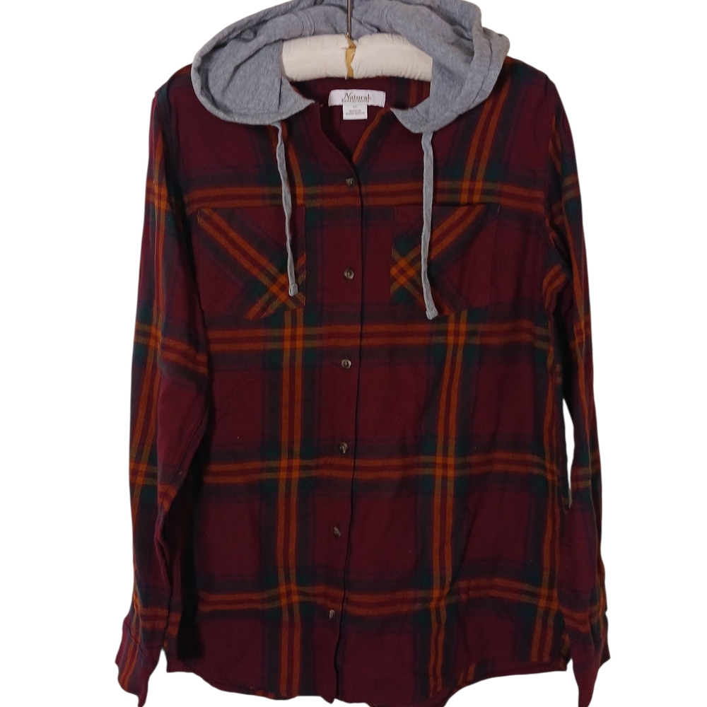 NWOT Burgundy Plaid Button Down Shirt WITH HOOD